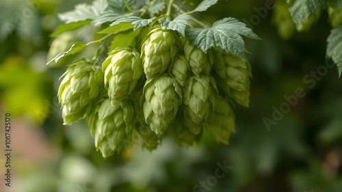 Closeup shot of green hop cones hanging on a branches. photo