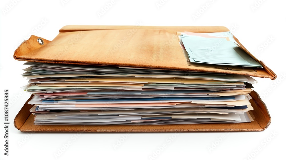 An open document folder with a selection of forms and papers organized, isolated on white, with ample copy space on one side. An open document folder with a selection of forms and papers organized, isolated on white, with ample copy space on one side.