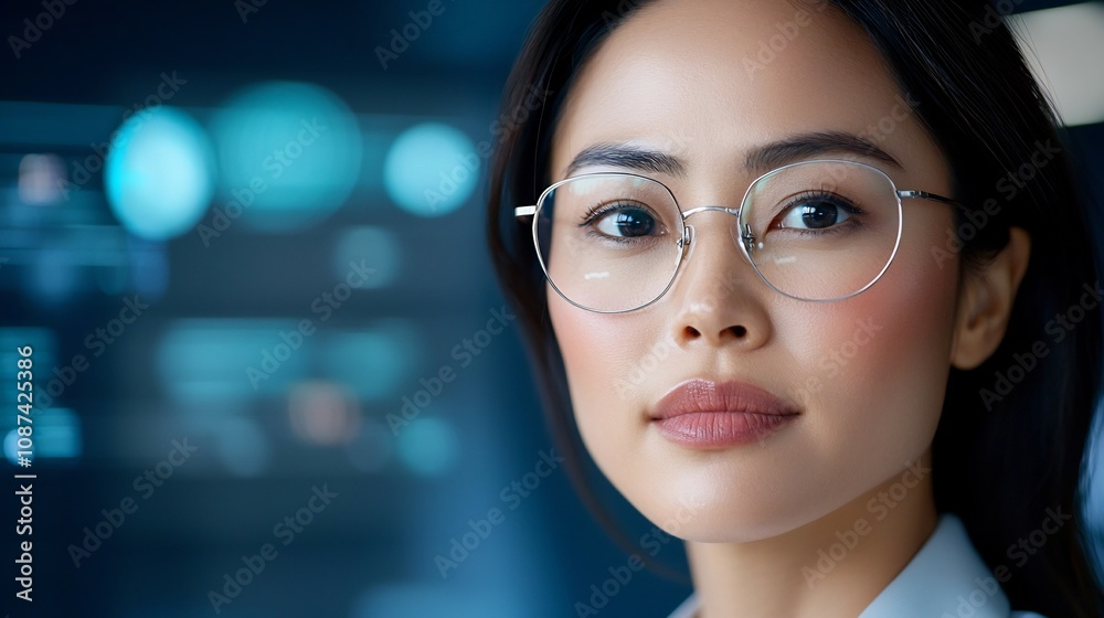 Fototapeta premium Focused professional woman wearing glasses analyzing complex algorithms and data visualizations on computer screen
