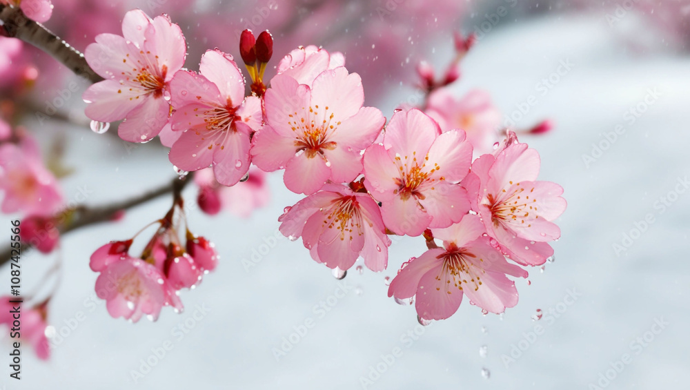 Bright pink cherry tree flowers on white isolated background close up Bright pink cherry tree flowers on white isolated background close up