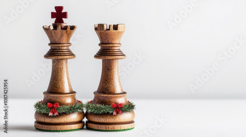 Christmas chess Two decorative chess rooks with holiday accents on a light background. photo