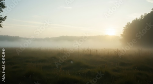 Misty morning sunrise over serene landscape