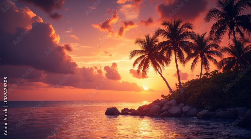 Tropical sunset over calm waters Tropical sunset over calm waters