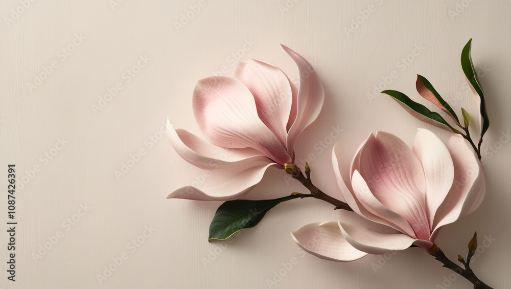 Pink spring magnolia flowers branch