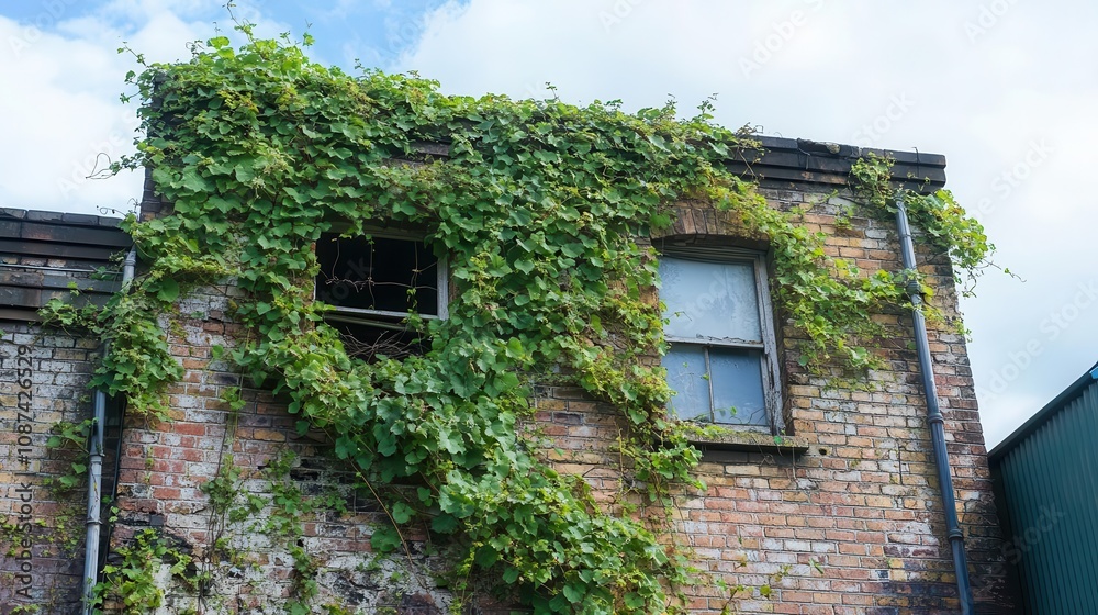Vines growing wild across a brick building, nature reclaiming the man-made, Botanical Vines growing wild across a brick building, nature reclaiming the man-made, Botanical
