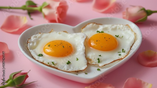 Romantic breakfast scene with heart shaped plate and sunny side eggs on pink background photo