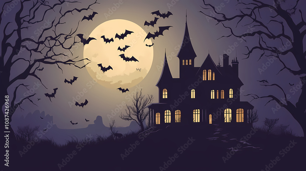 Fototapeta premium Bats swarming around a decrepit old manor house on a moonlit all hallows eve with twisted bare tree branches reaching towards the structure. Dark Gothic Manor. Illustration