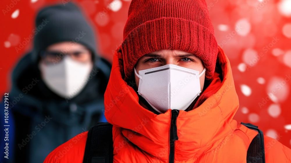 Young Man in Bright Orange Winter Jacket and Red Knit Hat Wearing Face Mask, Outdoor Winter Scene with Red Background and Blurry Snowflakes Young Man in Bright Orange Winter Jacket and Red Knit Hat Wearing Face Mask, Outdoor Winter Scene with Red Background and Blurry Snowflakes