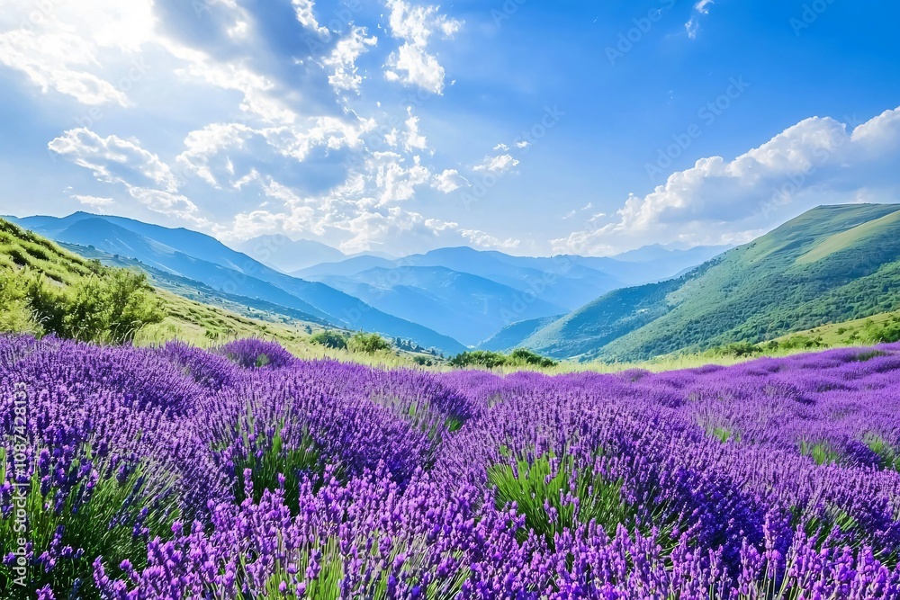 Naklejka premium Vibrant Lavender Fields with Majestic Mountains Under a Clear Sky