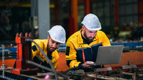 Engineers or supervisors inspecting and checking machines in a factory. Workers in the metal sheet industry carrying out their tasks.