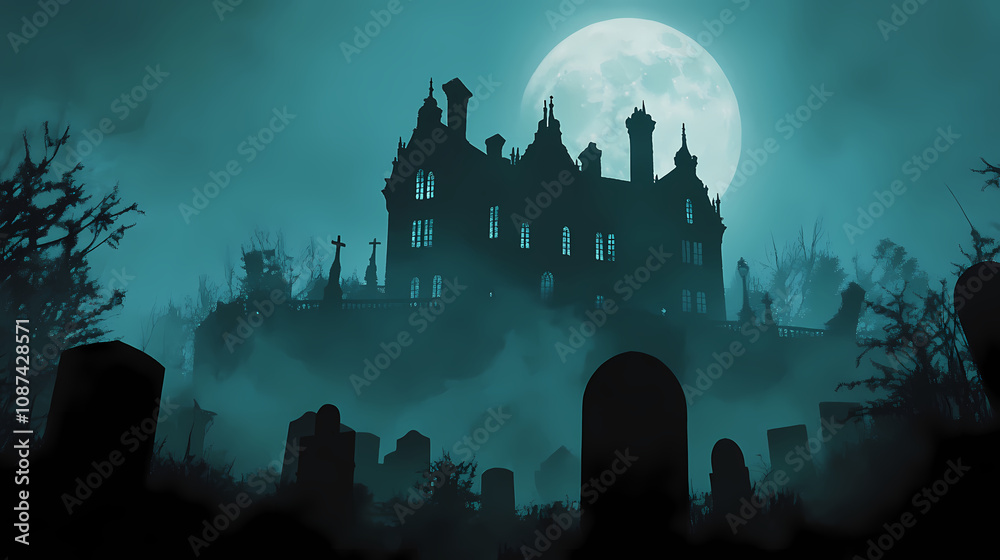 Obraz premium A haunting silhouette of a gothic manor against a backdrop of a full moon and a graveyard, shrouded in a veil of mist, whispers of forgotten secrets and ghostly tales. Dark Gothic Manor. Illustration