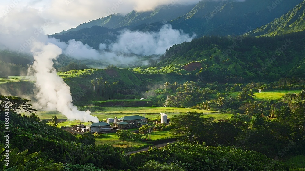 Fototapeta premium Serene Geothermal Power Plant Nestled in Lush Green Mountain Valley Landscape with Steam Gently Rising into the Misty Air Renewable and Sustainable Energy Source in Pristine Natural Environment