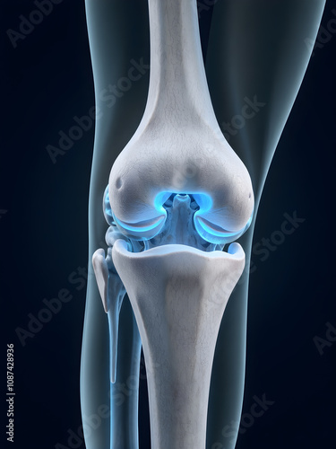 Human knee anatomy.skeletal structure, including bones and joint connections.