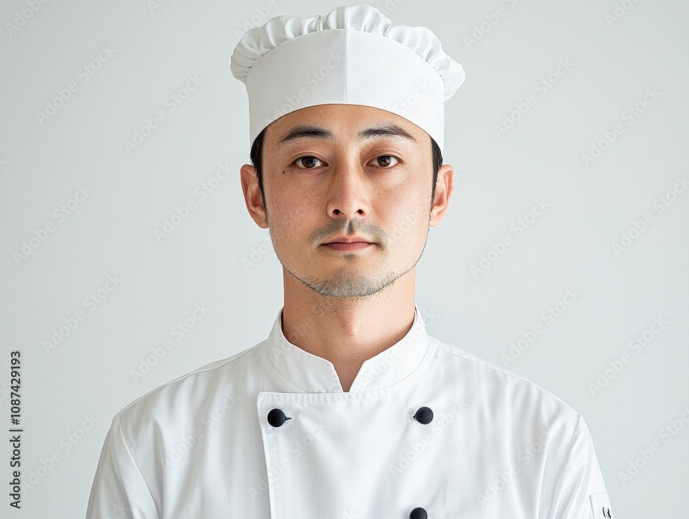Portrait of a chef, wearing a professional chef’s uniform and hat, minimal makeup, serious but confident expression, white background Portrait of a chef, wearing a professional chef’s uniform and hat, minimal makeup, serious but confident expression, white background