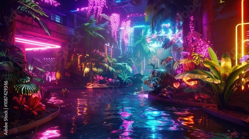 Neon jungle, exotic plants bathed in vibrant, electric light, a futuristic oasis