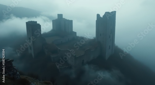 Mysterious abandoned castle in fog