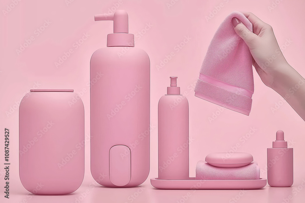 Trendy pink bathroom accessories arranged beautifully on a pastel background