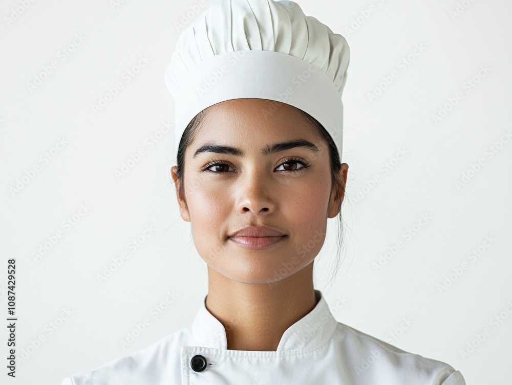 Portrait of a chef, wearing a professional chef’s uniform and hat, minimal makeup, serious but confident expression, white background Portrait of a chef, wearing a professional chef’s uniform and hat, minimal makeup, serious but confident expression, white background