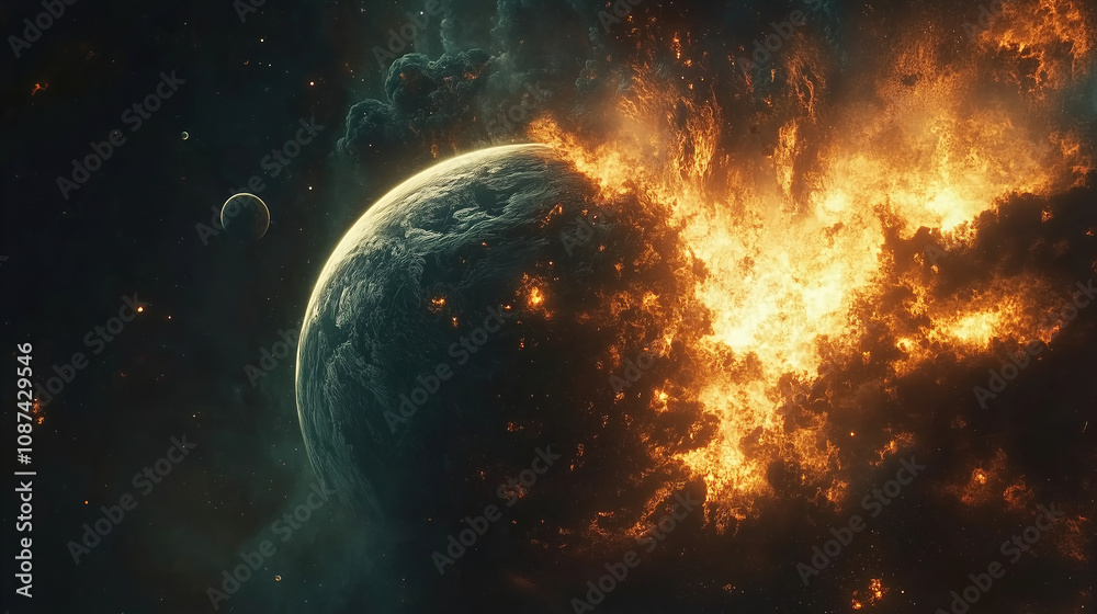 A planet engulfed in flames with celestial bodies nearby in a dramatic cosmic explosion during the night. Generative AI A planet engulfed in flames with celestial bodies nearby in a dramatic cosmic explosion during the night. Generative AI