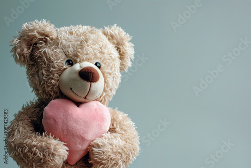 Cute teddy bear plush toy holding pink heartin front of blue background photo