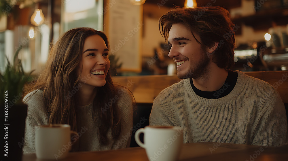 Smiling Couple at First Meeting in Cozy Café Smiling Couple at First Meeting in Cozy Café