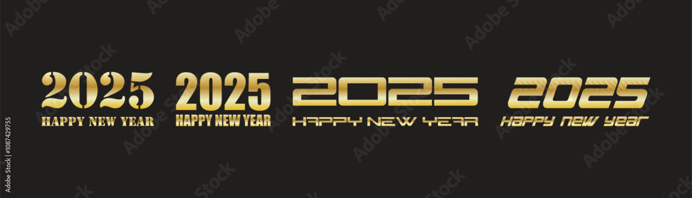 Icon set of Happy New Year 2025 logo text design in gold. 2025 number design template. Happy New Year 2025 symbols collection isolated on white background. Vector illustration Icon set of Happy New Year 2025 logo text design in gold. 2025 number design template. Happy New Year 2025 symbols collection isolated on white background. Vector illustration