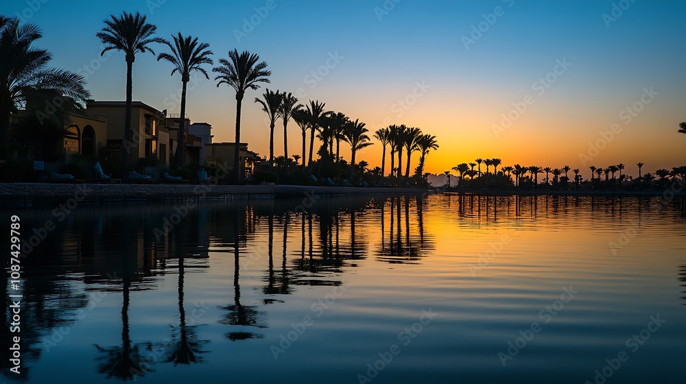 Obraz premium Peaceful evening with palms and golden reflections