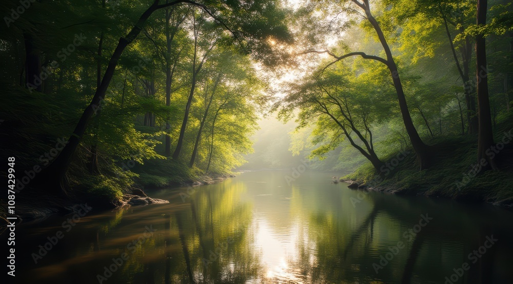 Serene river with lush green trees. Serene river with lush green trees.