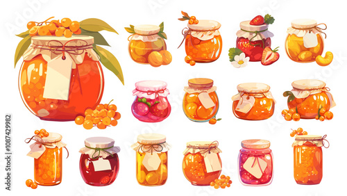 jars with jam set. jar of apricot sea buckthorn strawberry preserve cartoon, berry sweet natural canned dessert vector illustration
