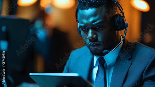 Corporate staff member in a suit, using a tablet and microphone for an online business meeting, listening attentively through a headset photo