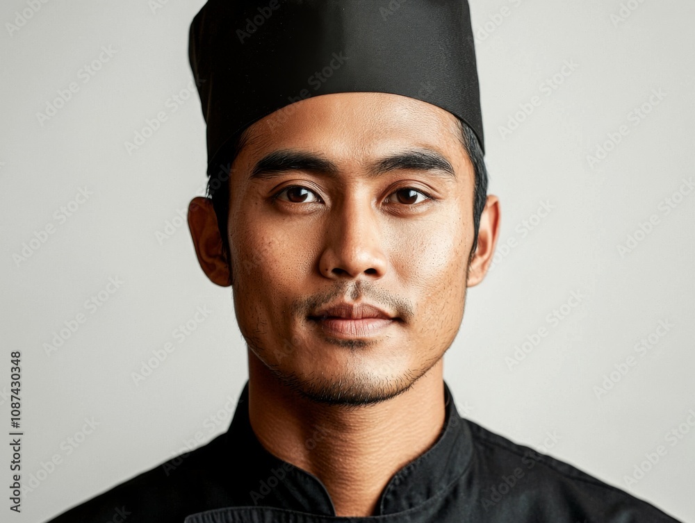 Portrait of a chef, wearing a professional chef’s uniform and hat, minimal makeup, serious but confident expression, white background Portrait of a chef, wearing a professional chef’s uniform and hat, minimal makeup, serious but confident expression, white background
