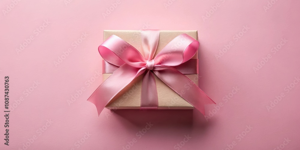 A single gift box with a pink ribbon tied into a bow, arranged on a plain light pink background
