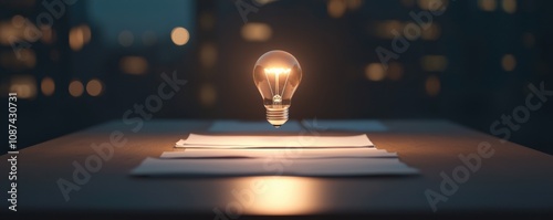 A glowing light bulb hovers above a stack of papers on a table, surrounded by a dark ambiance illuminated by distant city lights.