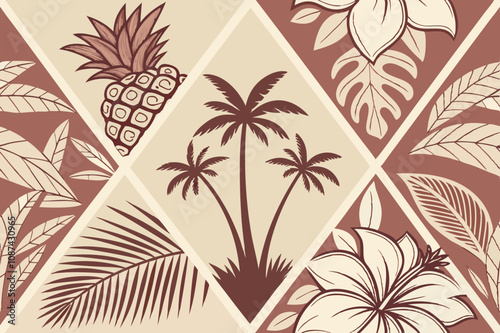 Retro Hand-Drawn Tropical Summer Seamless Pattern with Geometric Patchwork and Exotic Jungle Palm Tree Mosaic