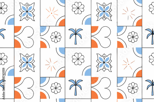 Retro Hand-Drawn Tropical Summer Seamless Pattern with Geometric Patchwork and Exotic Jungle Palm Tree Mosaic