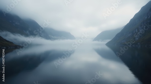 Serene misty fjord landscape at dawn