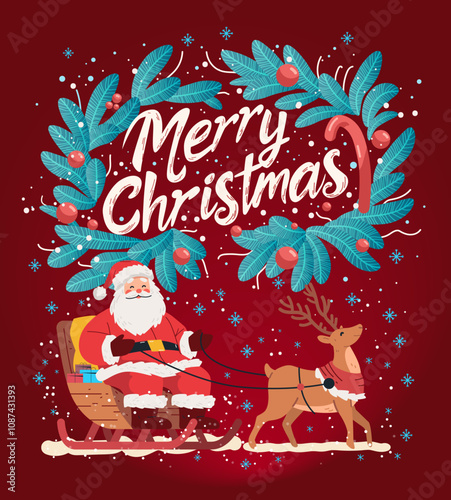 Santa Claus sleigh reindeer Christmas theme festive scene. Santa in sleigh with reindeer surrounded by pine branches and snowflakes on a red background