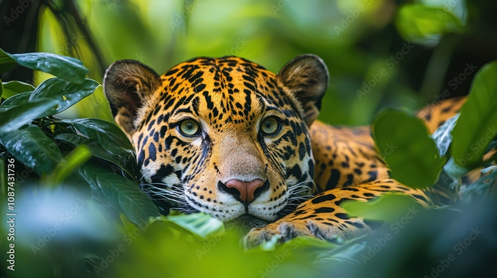 A beautiful jaguar resting among lush green foliage in its natural habitat. A beautiful jaguar resting among lush green foliage in its natural habitat.