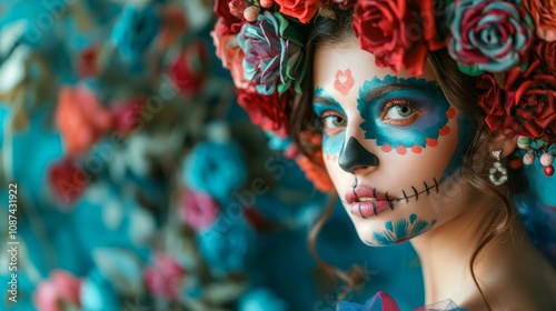 Vibrant sugar skull makeup woman with floral headpiece for day of the dead celebration photo