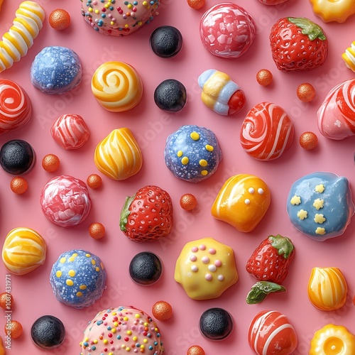 A vibrant and colorful composition of various types of candy arranged on a pink background. The candies are depicted in a realistic style with glossy finishes, creating a visually appealing and mouthw