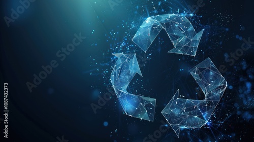 A glowing, abstract, blue, triangle, recycling symbol on a dark blue background.