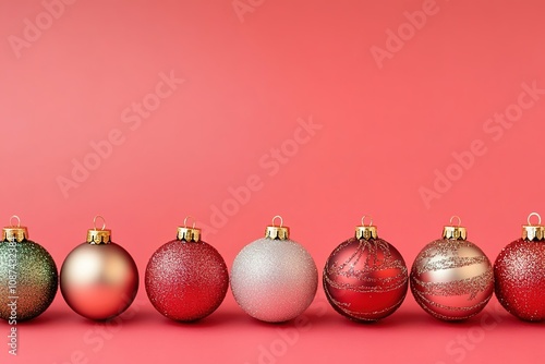 Row of Christmas balls on red with copy space photo