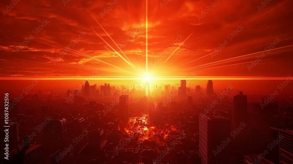 Fototapeta premium Alien Invasion: Dramatic Sunset over Siege City with Cinematic Light