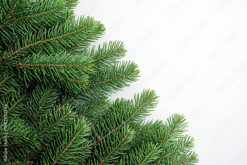Fototapeta premium Green pine branch close-up on white background
