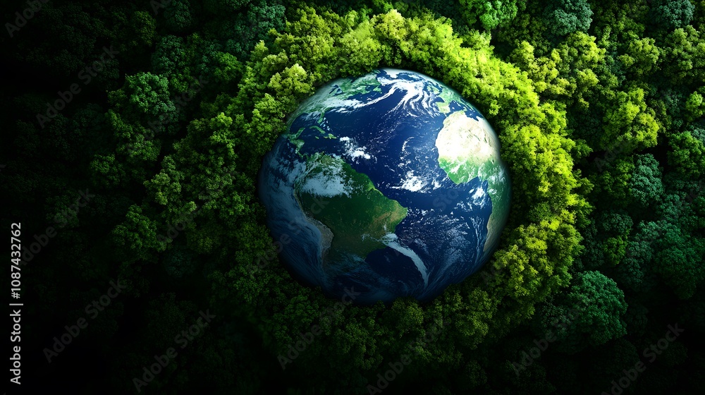 Earth embraced by green forests, symbolizing a sustainable balance between nature and humanity. Earth embraced by green forests, symbolizing a sustainable balance between nature and humanity.