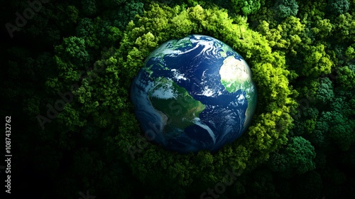 Earth embraced by green forests, symbolizing a sustainable balance between nature and humanity.