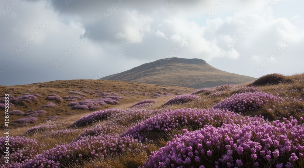 Vibrant purple flowers on rolling hills Vibrant purple flowers on rolling hills