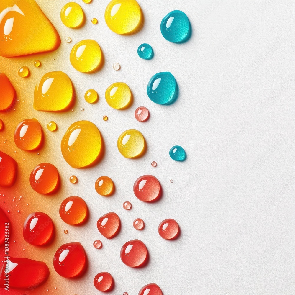 Colorful droplets of water create an abstract design on a white background.