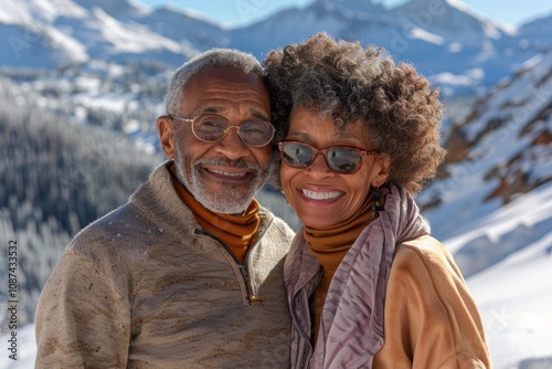 Portrait of a happy afro-american couple in their 60s showing off a thermal merino wool top in front of pristine snowy mountain