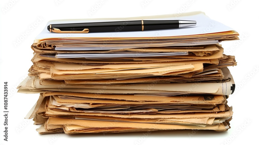 Neatly organized stack of office documents with a pen resting on top, isolated on a clean white background, perfect for productivity themes. Neatly organized stack of office documents with a pen resting on top, isolated on a clean white background, perfect for productivity themes.